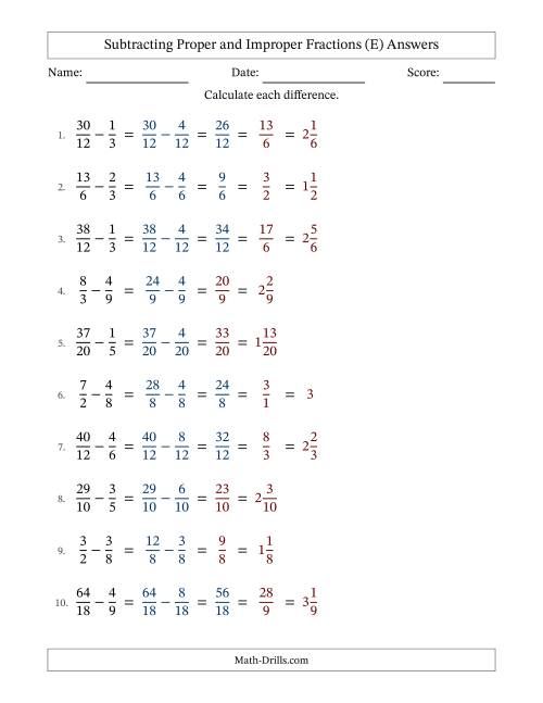 The Subtracting Proper and Improper Fractions with Similar Denominators, Mixed Fractions Results and Some Simplifying (E) Math Worksheet Page 2