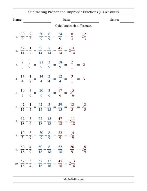 The Subtracting Proper and Improper Fractions with Similar Denominators, Mixed Fractions Results and Some Simplifying (F) Math Worksheet Page 2