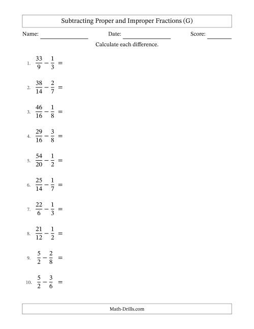 The Subtracting Proper and Improper Fractions with Similar Denominators, Mixed Fractions Results and Some Simplifying (G) Math Worksheet