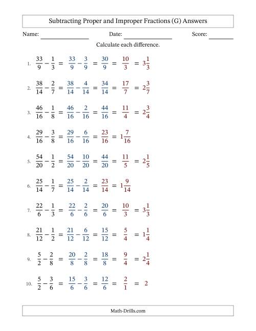 The Subtracting Proper and Improper Fractions with Similar Denominators, Mixed Fractions Results and Some Simplifying (G) Math Worksheet Page 2