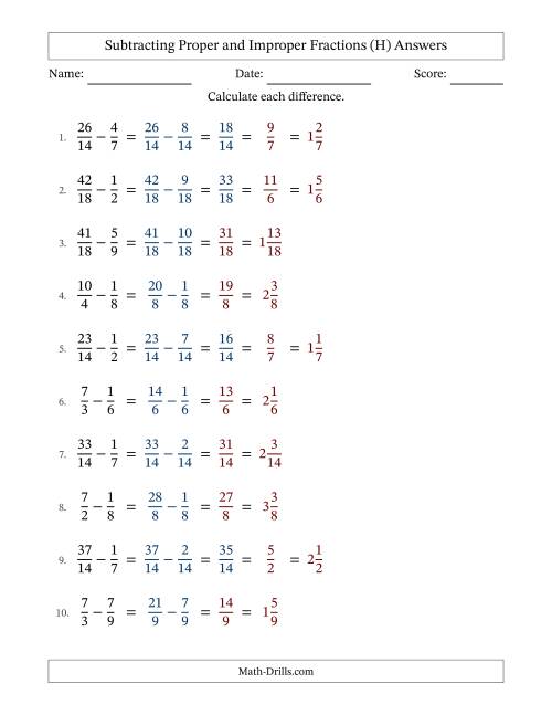 The Subtracting Proper and Improper Fractions with Similar Denominators, Mixed Fractions Results and Some Simplifying (H) Math Worksheet Page 2