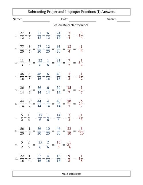 The Subtracting Proper and Improper Fractions with Similar Denominators, Mixed Fractions Results and Some Simplifying (I) Math Worksheet Page 2