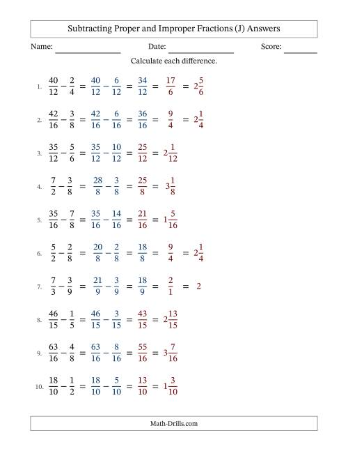 The Subtracting Proper and Improper Fractions with Similar Denominators, Mixed Fractions Results and Some Simplifying (J) Math Worksheet Page 2