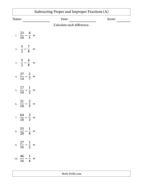 The Subtracting Proper and Improper Fractions with Similar Denominators, Mixed Fractions Results and Some Simplifying (All) Math Worksheet