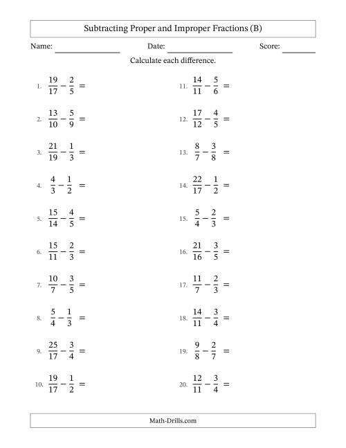 The Subtracting Proper and Improper Fractions with Unlike Denominators, Proper Fractions Results and No Simplifying (B) Math Worksheet