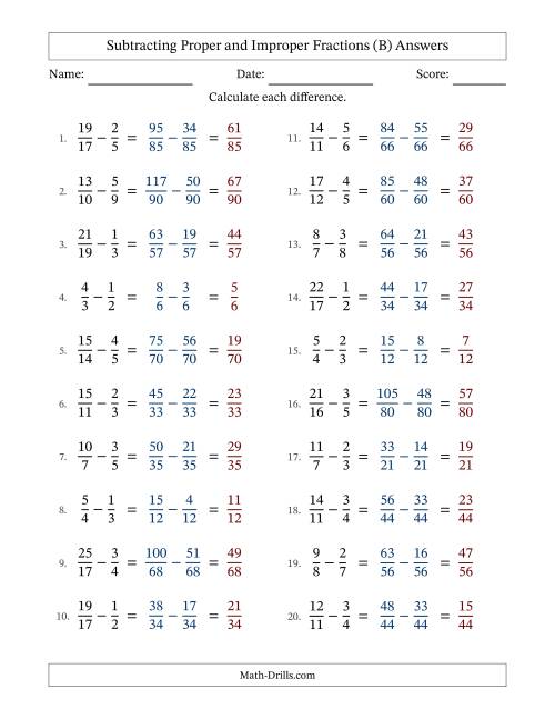 The Subtracting Proper and Improper Fractions with Unlike Denominators, Proper Fractions Results and No Simplifying (B) Math Worksheet Page 2