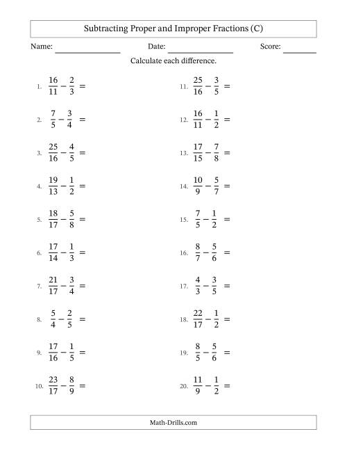 The Subtracting Proper and Improper Fractions with Unlike Denominators, Proper Fractions Results and No Simplifying (C) Math Worksheet