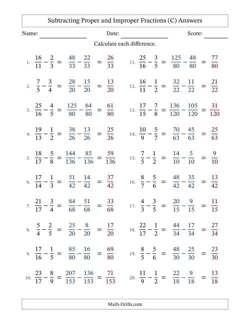 The Subtracting Proper and Improper Fractions with Unlike Denominators, Proper Fractions Results and No Simplifying (C) Math Worksheet Page 2