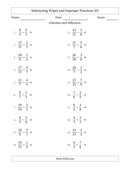 The Subtracting Proper and Improper Fractions with Unlike Denominators, Proper Fractions Results and No Simplifying (D) Math Worksheet