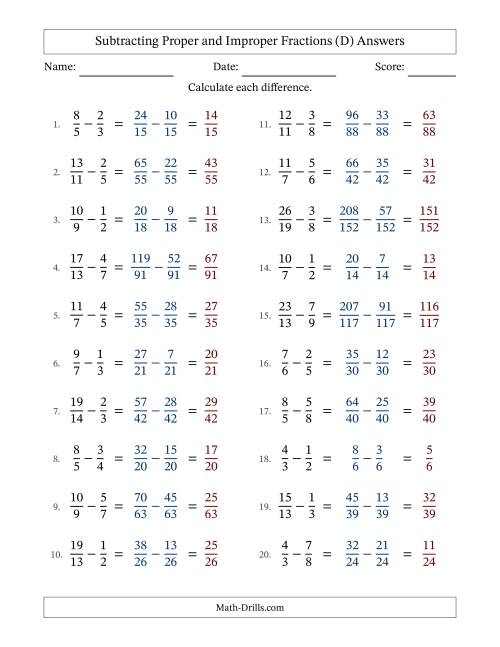 The Subtracting Proper and Improper Fractions with Unlike Denominators, Proper Fractions Results and No Simplifying (D) Math Worksheet Page 2