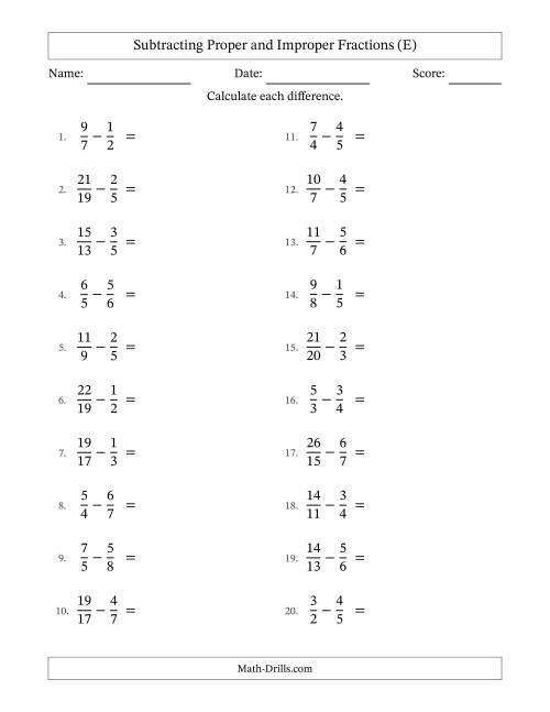 The Subtracting Proper and Improper Fractions with Unlike Denominators, Proper Fractions Results and No Simplifying (E) Math Worksheet