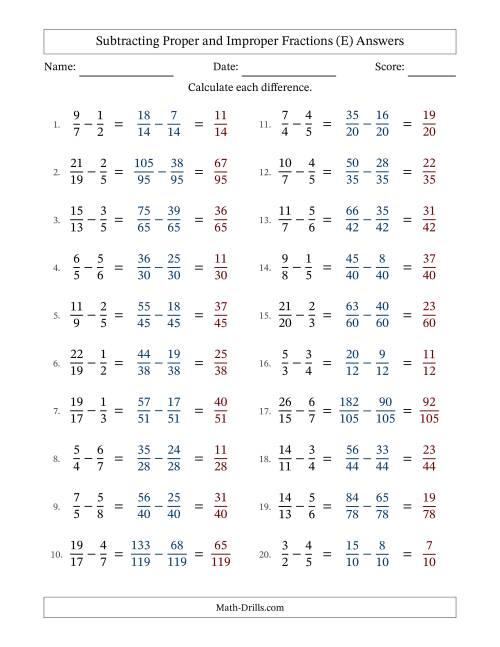 The Subtracting Proper and Improper Fractions with Unlike Denominators, Proper Fractions Results and No Simplifying (E) Math Worksheet Page 2