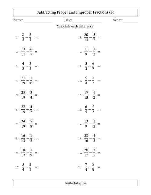 The Subtracting Proper and Improper Fractions with Unlike Denominators, Proper Fractions Results and No Simplifying (F) Math Worksheet