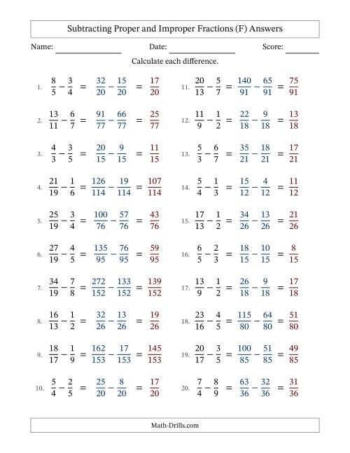 The Subtracting Proper and Improper Fractions with Unlike Denominators, Proper Fractions Results and No Simplifying (F) Math Worksheet Page 2