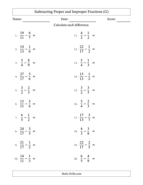The Subtracting Proper and Improper Fractions with Unlike Denominators, Proper Fractions Results and No Simplifying (G) Math Worksheet