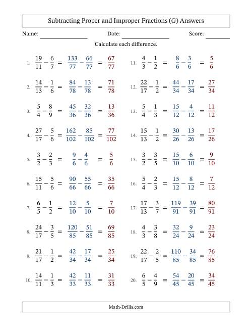 The Subtracting Proper and Improper Fractions with Unlike Denominators, Proper Fractions Results and No Simplifying (G) Math Worksheet Page 2
