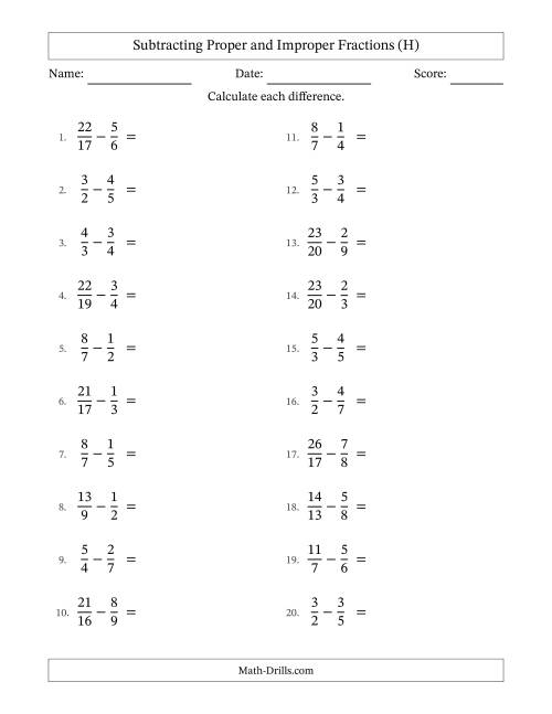 The Subtracting Proper and Improper Fractions with Unlike Denominators, Proper Fractions Results and No Simplifying (H) Math Worksheet