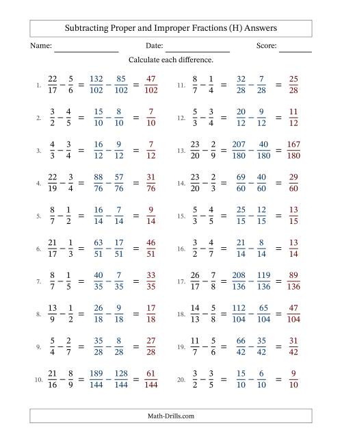 The Subtracting Proper and Improper Fractions with Unlike Denominators, Proper Fractions Results and No Simplifying (H) Math Worksheet Page 2