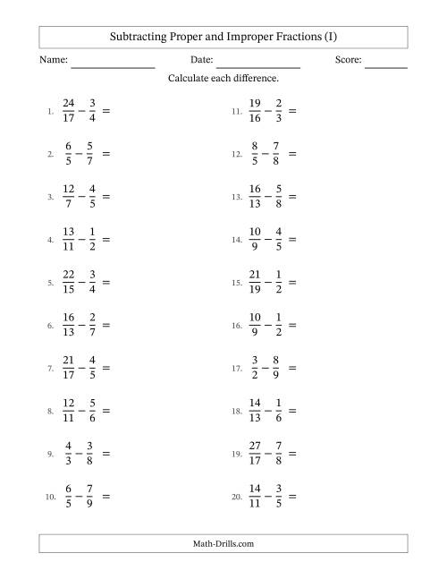 The Subtracting Proper and Improper Fractions with Unlike Denominators, Proper Fractions Results and No Simplifying (I) Math Worksheet