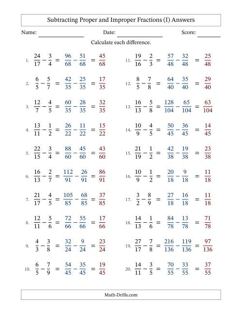 The Subtracting Proper and Improper Fractions with Unlike Denominators, Proper Fractions Results and No Simplifying (I) Math Worksheet Page 2