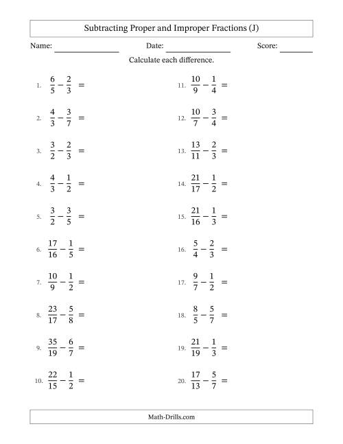 The Subtracting Proper and Improper Fractions with Unlike Denominators, Proper Fractions Results and No Simplifying (J) Math Worksheet