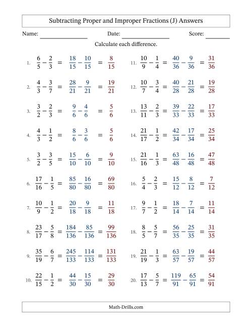 The Subtracting Proper and Improper Fractions with Unlike Denominators, Proper Fractions Results and No Simplifying (J) Math Worksheet Page 2