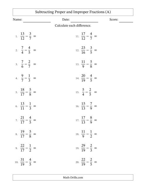 The Subtracting Proper and Improper Fractions with Unlike Denominators, Proper Fractions Results and No Simplifying (All) Math Worksheet