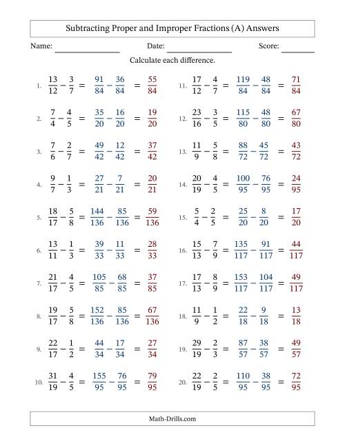 The Subtracting Proper and Improper Fractions with Unlike Denominators, Proper Fractions Results and No Simplifying (All) Math Worksheet Page 2
