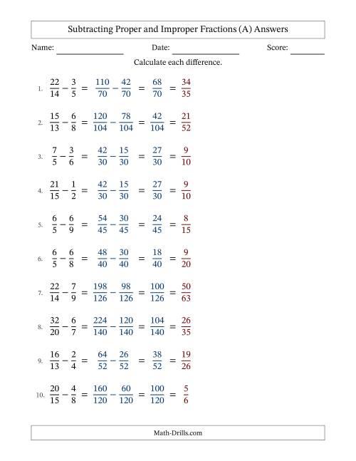 The Subtracting Proper and Improper Fractions with Unlike Denominators, Proper Fractions Results and All Simplifying (A) Math Worksheet Page 2