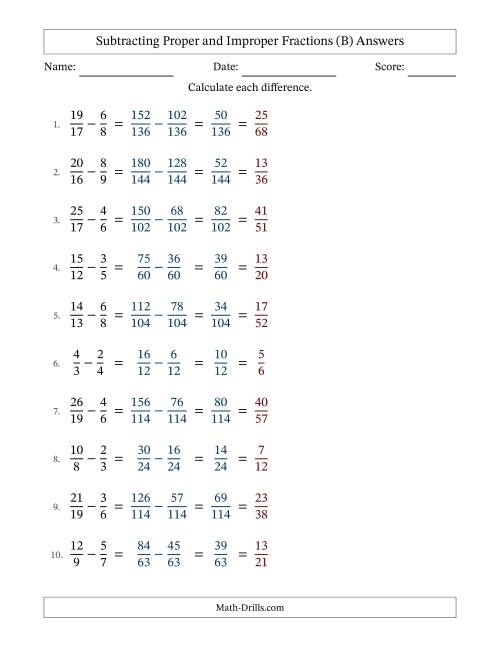 The Subtracting Proper and Improper Fractions with Unlike Denominators, Proper Fractions Results and All Simplifying (B) Math Worksheet Page 2