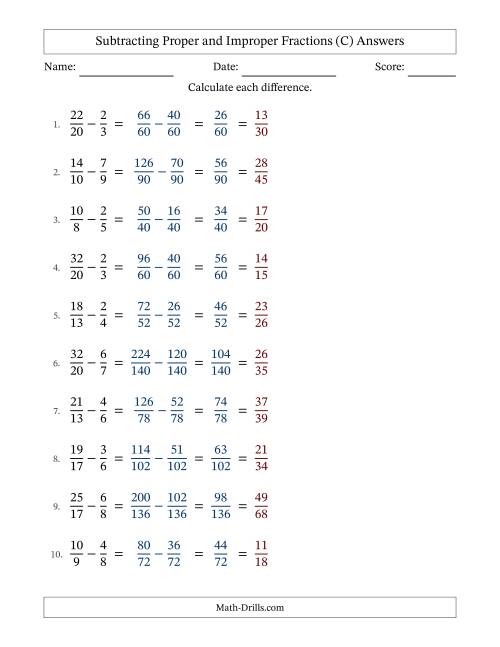 The Subtracting Proper and Improper Fractions with Unlike Denominators, Proper Fractions Results and All Simplifying (C) Math Worksheet Page 2