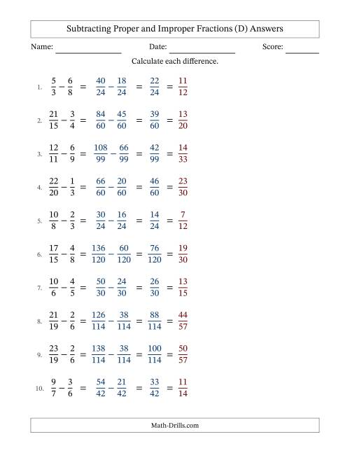 The Subtracting Proper and Improper Fractions with Unlike Denominators, Proper Fractions Results and All Simplifying (D) Math Worksheet Page 2
