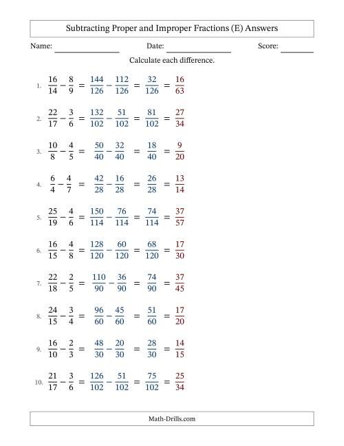 The Subtracting Proper and Improper Fractions with Unlike Denominators, Proper Fractions Results and All Simplifying (E) Math Worksheet Page 2