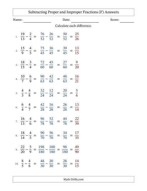 The Subtracting Proper and Improper Fractions with Unlike Denominators, Proper Fractions Results and All Simplifying (F) Math Worksheet Page 2