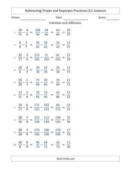 The Subtracting Proper and Improper Fractions with Unlike Denominators, Proper Fractions Results and All Simplifying (G) Math Worksheet Page 2