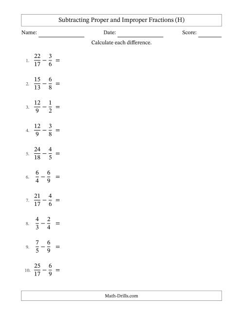 The Subtracting Proper and Improper Fractions with Unlike Denominators, Proper Fractions Results and All Simplifying (H) Math Worksheet