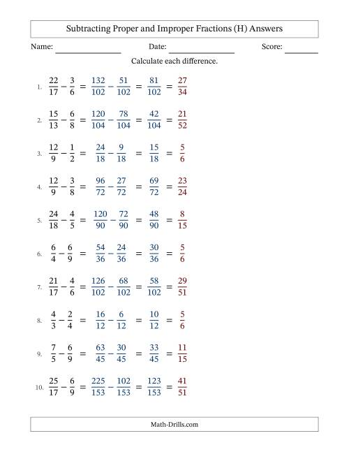 The Subtracting Proper and Improper Fractions with Unlike Denominators, Proper Fractions Results and All Simplifying (H) Math Worksheet Page 2
