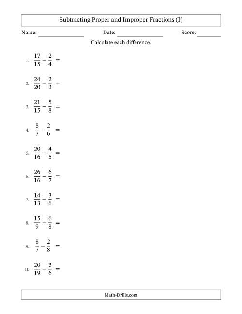 The Subtracting Proper and Improper Fractions with Unlike Denominators, Proper Fractions Results and All Simplifying (I) Math Worksheet