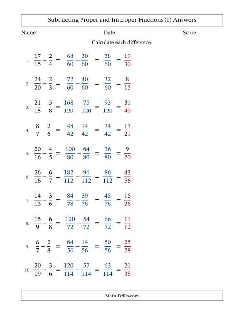 The Subtracting Proper and Improper Fractions with Unlike Denominators, Proper Fractions Results and All Simplifying (I) Math Worksheet Page 2