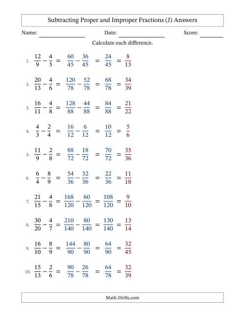 The Subtracting Proper and Improper Fractions with Unlike Denominators, Proper Fractions Results and All Simplifying (J) Math Worksheet Page 2