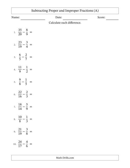 The Subtracting Proper and Improper Fractions with Unlike Denominators, Proper Fractions Results and Some Simplifying (A) Math Worksheet