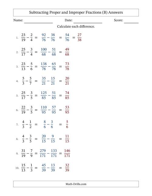 The Subtracting Proper and Improper Fractions with Unlike Denominators, Proper Fractions Results and Some Simplifying (B) Math Worksheet Page 2
