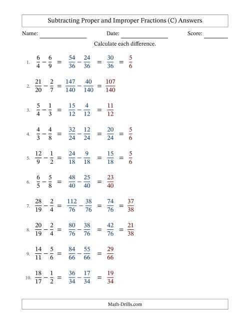 The Subtracting Proper and Improper Fractions with Unlike Denominators, Proper Fractions Results and Some Simplifying (C) Math Worksheet Page 2