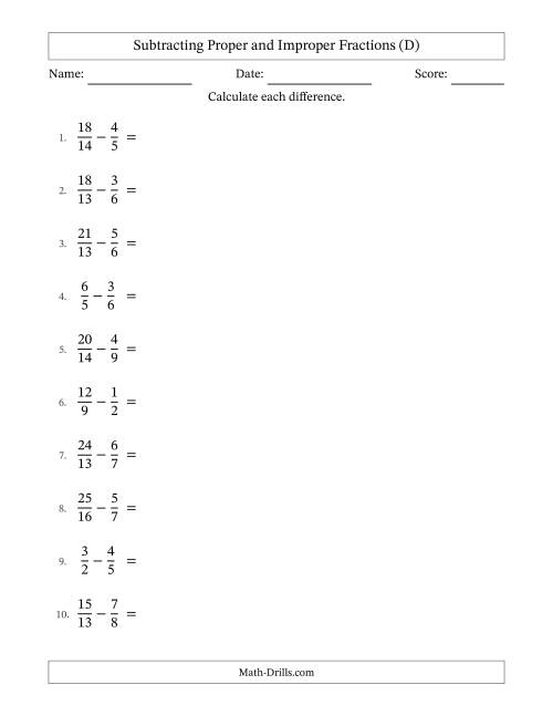 The Subtracting Proper and Improper Fractions with Unlike Denominators, Proper Fractions Results and Some Simplifying (D) Math Worksheet