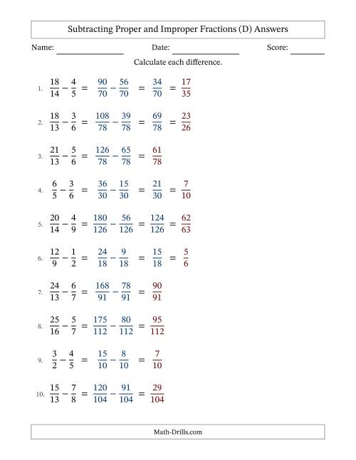 The Subtracting Proper and Improper Fractions with Unlike Denominators, Proper Fractions Results and Some Simplifying (D) Math Worksheet Page 2