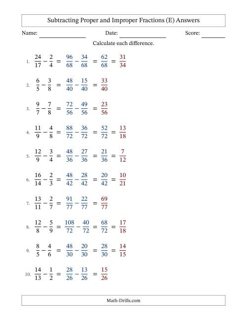 The Subtracting Proper and Improper Fractions with Unlike Denominators, Proper Fractions Results and Some Simplifying (E) Math Worksheet Page 2