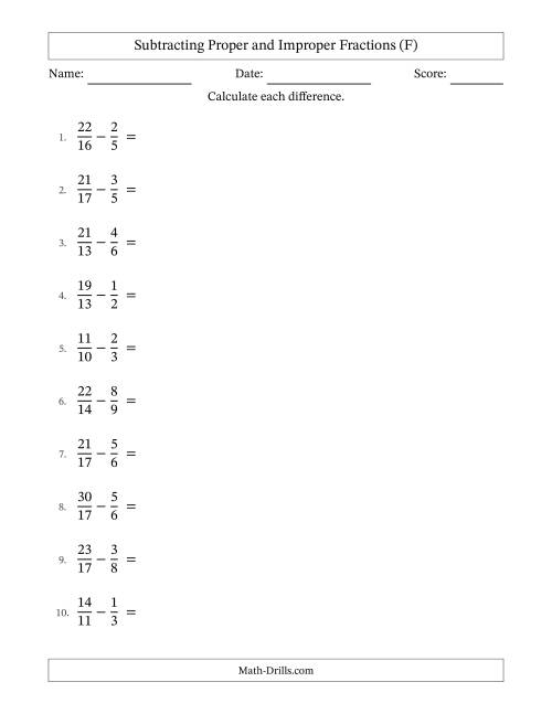 The Subtracting Proper and Improper Fractions with Unlike Denominators, Proper Fractions Results and Some Simplifying (F) Math Worksheet