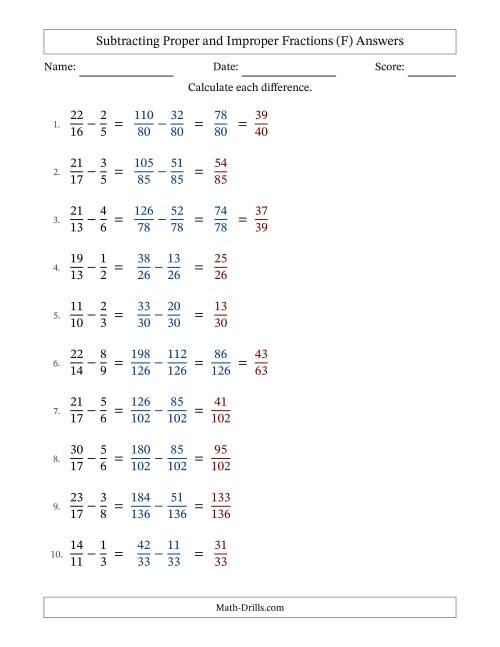 The Subtracting Proper and Improper Fractions with Unlike Denominators, Proper Fractions Results and Some Simplifying (F) Math Worksheet Page 2