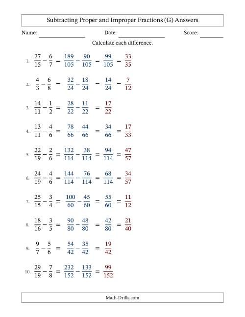 The Subtracting Proper and Improper Fractions with Unlike Denominators, Proper Fractions Results and Some Simplifying (G) Math Worksheet Page 2