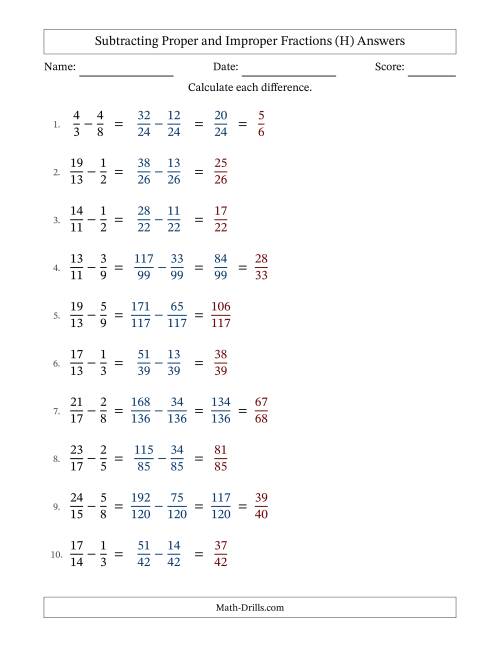The Subtracting Proper and Improper Fractions with Unlike Denominators, Proper Fractions Results and Some Simplifying (H) Math Worksheet Page 2